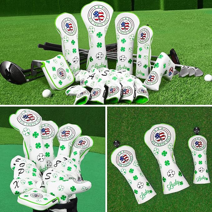 Big Teeth Golf Cover Lucky Clover Headcover Covers, Driver Fairway Wood Hybrid Headcovers Fits Blade Mallet Putter Iron and Woods with Magnetic White Shamrock Head Club Protector Leather
