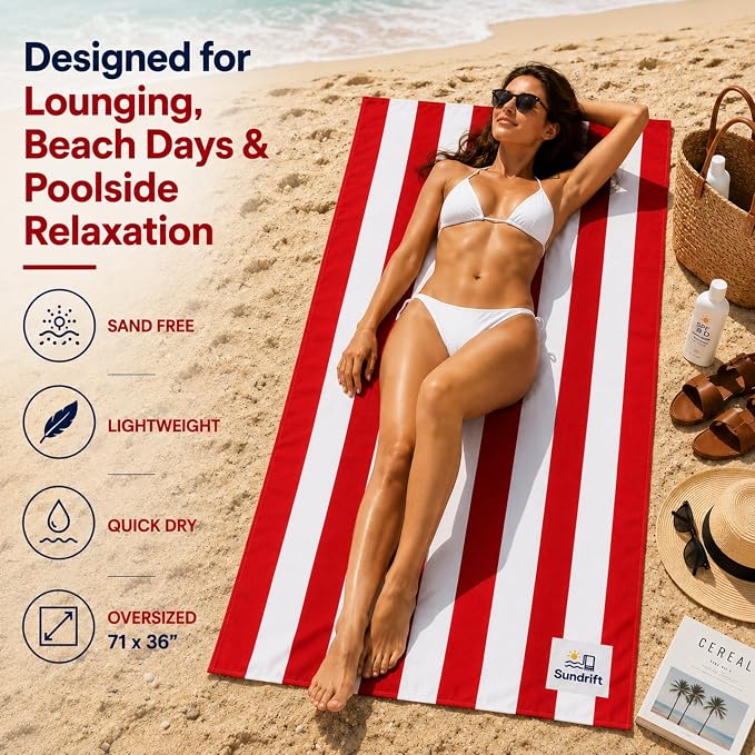 Oversized Microfiber Beach Towel 71x36 Inch, Quick Dry Sand Free Travel Towel, Lightweight Sueded Beach Blanket for Pool, Camping, Yoga & Beach Trips (Red/White)