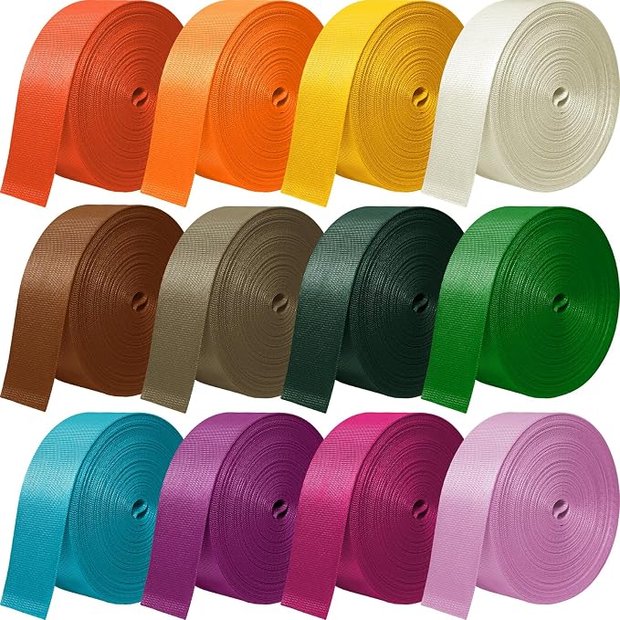 Nylon Webbing 1 Inch 1.5 Inch, 12 Rolls Webbing Strap for Bags, Pets, Climbing Outdoors Indoors Crafting DIY