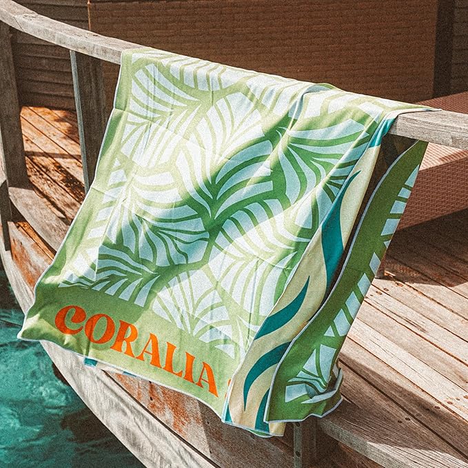 Coralia & Co. Large Microfiber Beach Towel - Quick Dry, Sand-Free, Lightweight with Convenient Storage Pouch (Mint Palm)