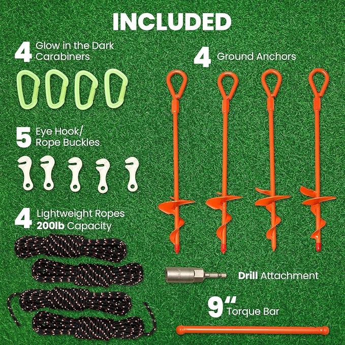 15" Screw-In Ground Anchors (4 Pack) – Heavy Duty Orange Trampoline Stakes, High Visibility Earth Augers with Drill Bit & Glow Carabiners for Canopy Tents, Carports & Swing Sets