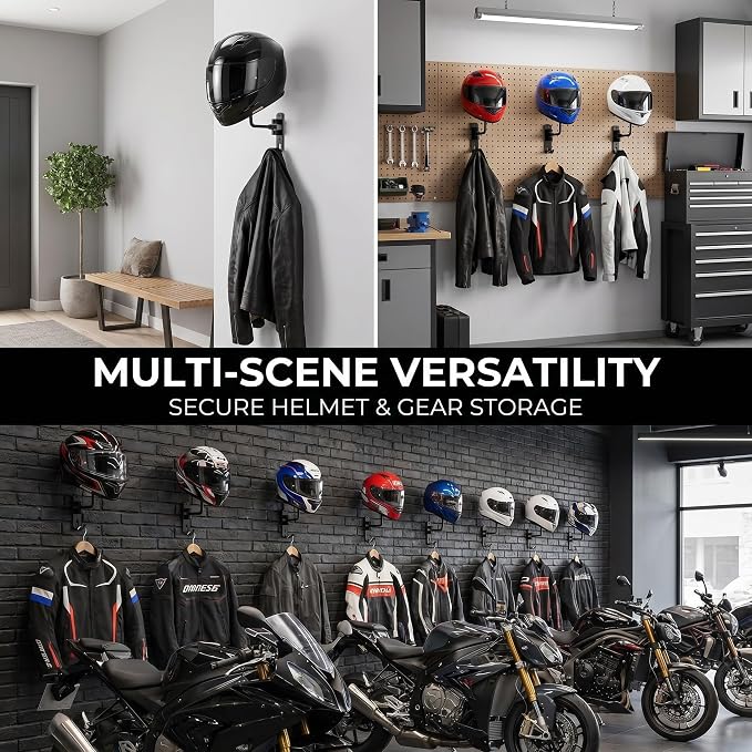 Shimeyao Motorcycle Helmet Holder Wall Mount 180° Rotation Helmet Hanger – Metal Helmets Rack with Hooks for Coat, Cap, Jacket, Glove, Motorcycle Bike Racing Outerwear Sports Gear Accessories