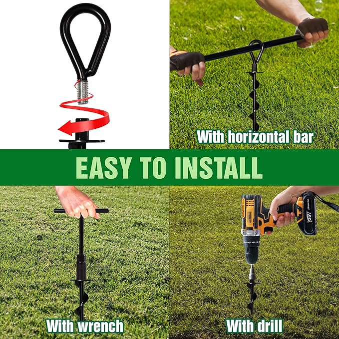 15" Ground Anchors (4pcs) Easy to Use with Drill, Heavy Duty Anchor Hook for Camping Tent, Canopies, Car Ports, Sheds, Swing Sets, Securing Animals – Black Powder Coated