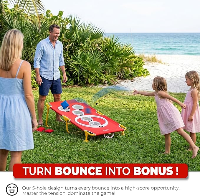 Foldable Cornhole Game Set Portable Bean Bag Toss for Family Tailgate & Beach - Metal Frame 5-Hole Arcade Style with 8 Bags & 8 Fun Games - Choose 3x2' Tailgate or 4x2' Regulation Size