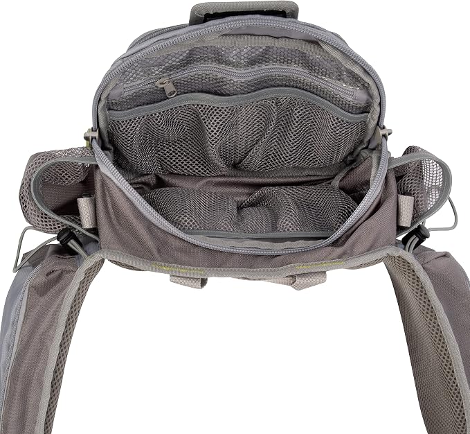 Allen Company Eagle River Lumbar Fly Fishing Pack - Holds 6 Fly Boxes, Zip‑Down Workstation, Waist Bottle Pockets, Durable Outdoor Waist Pack - Gray/Lime and Olive Green