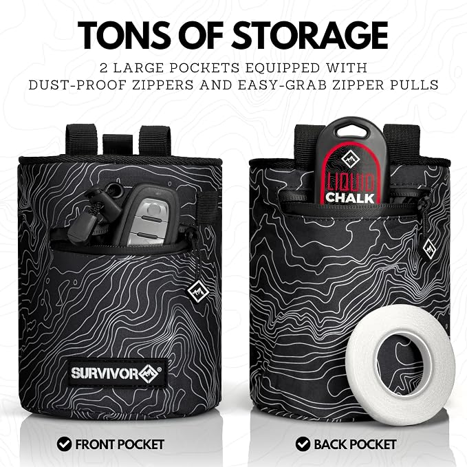 Chalk Bag + Refillable Chalk Ball - Iconic Topographical Map, Draw String Closure, 2 Zippered Pockets, & Brush Holder - Climbing Chalk Bag for Rock Climbing, Bouldering, Weightlifting, Gymnastics