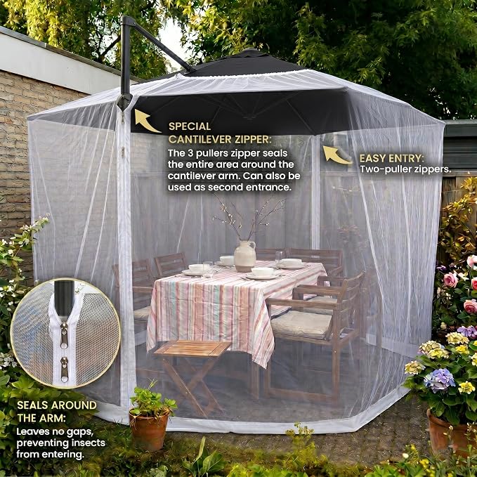 Mosquito Net for Umbrella 11 FT | Two Zippers & Works for Cantilever | Larger & Stronger Outdoor Netting | Patio, Porch & Garden Terrace | Outside Canopy Bug & Fly Protection Enclosure