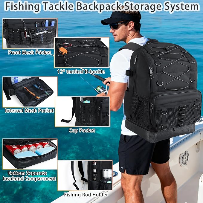 Fishing Backpack with Tackle Boxes and Rod Holder, Cooler, 30L Large Tackle Bag with Fishing Gear Lures Kit, Waterproof Bottom tackle Backpack Fish Set Gifts for Men Women-Black Back Pack
