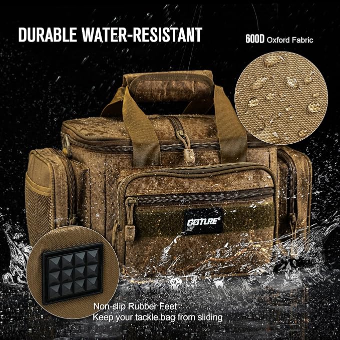 Goture Fishing Tackle Bag with 4 Tackle Boxes, Soft Side 600D Water-Resistant Cross Body Sling Fishing Bag, Small Saltwater Gear Storage Tactical Bags, Gifts for Men/Women (15.75"x9.45"x8.27")