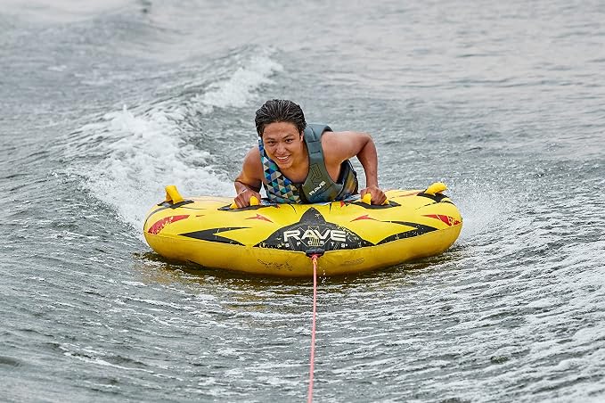 RAVE Sports Razor Inflatable Towable Tube, 1-2 Riders, Unique Skim-Fast Bottom Coating, Nylon Cover, Four Foam-Filled Reinforced Handles, Quick Connect Tow Point, Boat Tubes and Towables