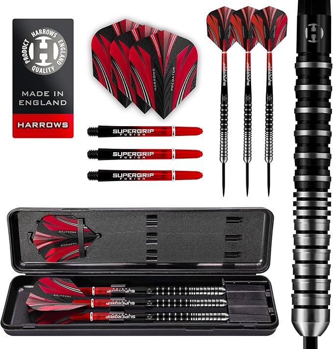 Harrows Predator 90% Tungsten Steel Tip Darts Set 22g, 23g, 24g &25g - Includes Ultra Traction Grip, Supergrip Fusion Shafts, Prime Flights & Travel Case
