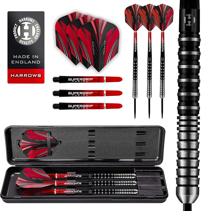Harrows Predator 90% Tungsten Steel Tip Darts Set 21g, 22g, 23g, 24g, 25g & 26g - Includes Ultra Traction Grip, Supergrip Fusion Shafts, Prime Flights & Travel Case