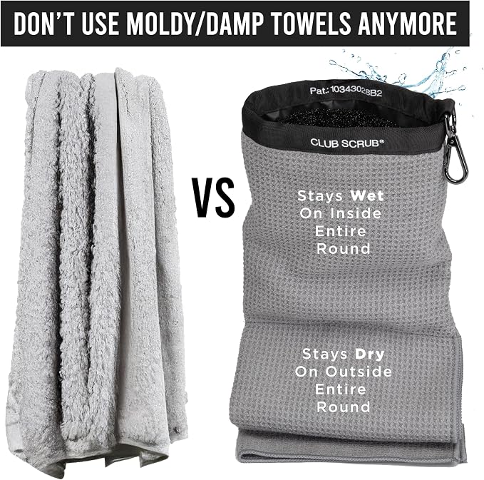 Club Scrub Towel Pro, Golf Club and Ball Cleaning Pouch with Attached Towel, Waterproof Exterior, Clean Face Technology Liner, Machine Washable, Cleans Club Grooves, Waffle-Weave Microfiber (Gray)