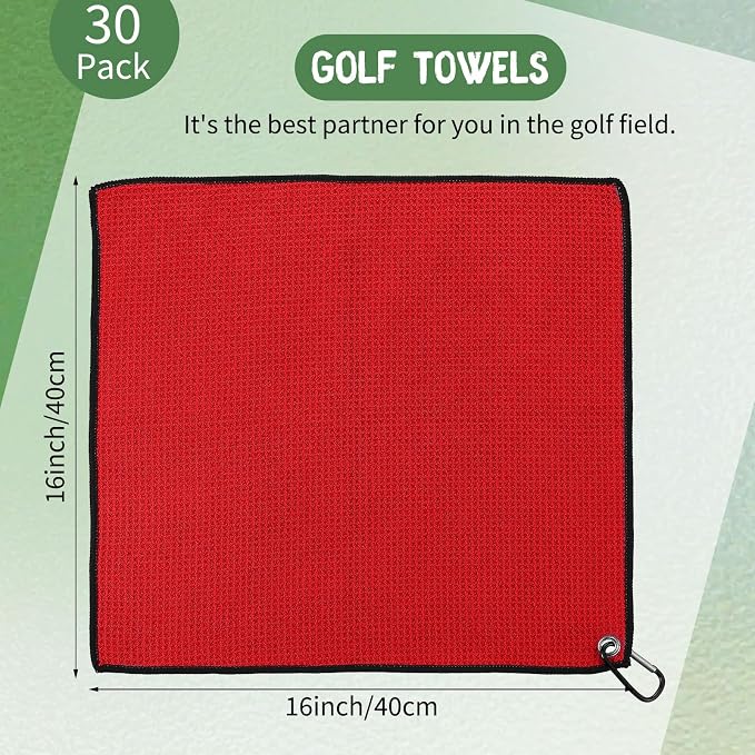 Batiyeer 30 Pcs Bulk Golf Towels for Golf Bags 16'' x 16'' Microfiber Fabric Golf Towel Waffle Pattern with Clip for Bags Men Mini Tournament Fitness Yoga Camping(Black, Gray, Red)