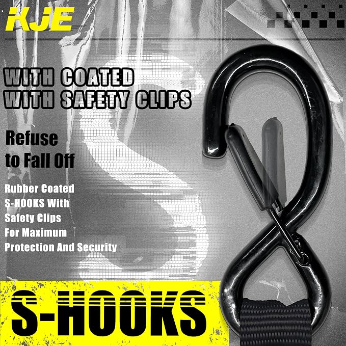 KJE Retractable Ratchet Straps, (4) 2" x 10' Automatic Tie Down Strap Sets + (4) Soft Loops - Heavy Duty 3,300lb Max Break Strength, S-Hook with Clip, Self Retracting Strap for Motorcycle, Kayak, ATVs