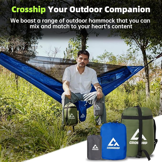 Camping Hammock with Mosquito Net – Portable Parachute Nylon Hammock Tent with Tree Straps, Camp Rope & Stake - for Hiking, Backpacking, Travel, Backyard, Beach – Holds Up to 500lbs (Blue)