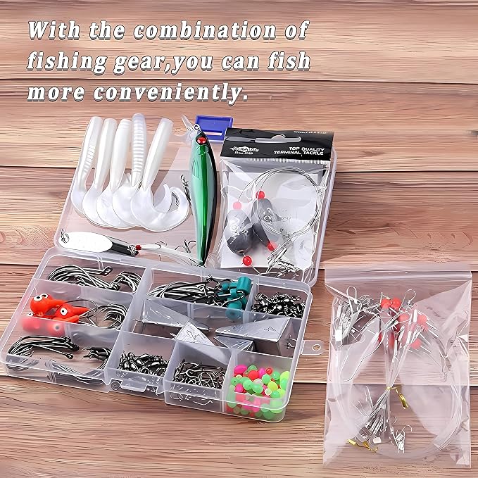 Saltwater Fishing Tackle Kit with Tackle Box Includes Surf Fishing Leader Rigs, Swimbait Lures, Hook Swivels, Fish Finder Rig, Sinker Weights, Fishing Gear and Equipment, Gift for Men