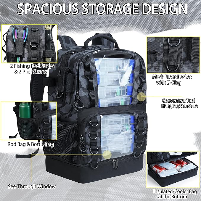 Fishing Tackle Backpack with 4 Tackle Boxes,45L Large Tackle Bag with 2 Rod Holders & Clear Window,Outdoor Fishing Backpack for Fishing,Camping,Hiking,Camouflage