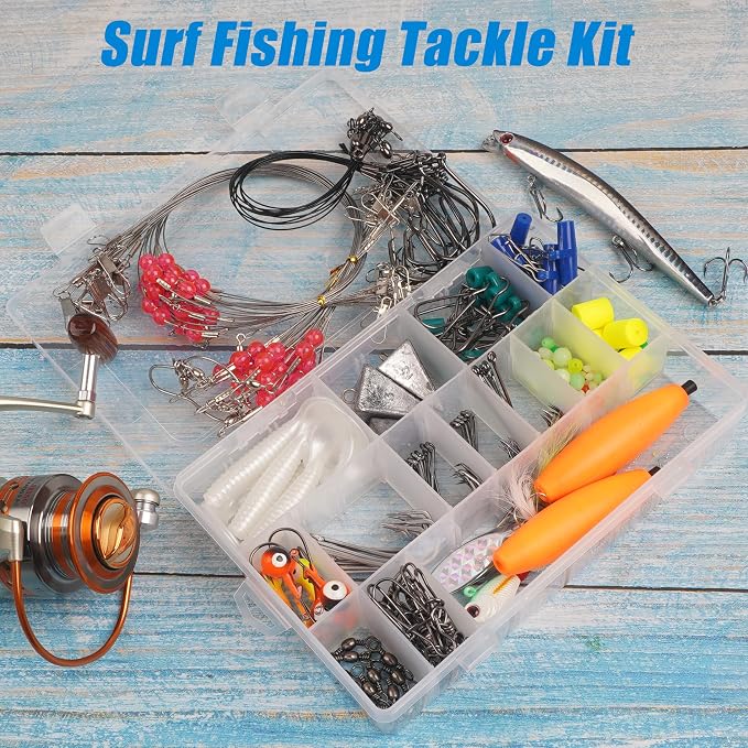 SILANON Saltwater Surf Fishing Tackle Kit,174pcs Ocean Saltwater Fishing Gear Surf Fishing Rigs Saltwater Lures Bucktail Jigs Pyramid Sinkers Fishing Floats Hooks Swivels Surf Fishing Accessories