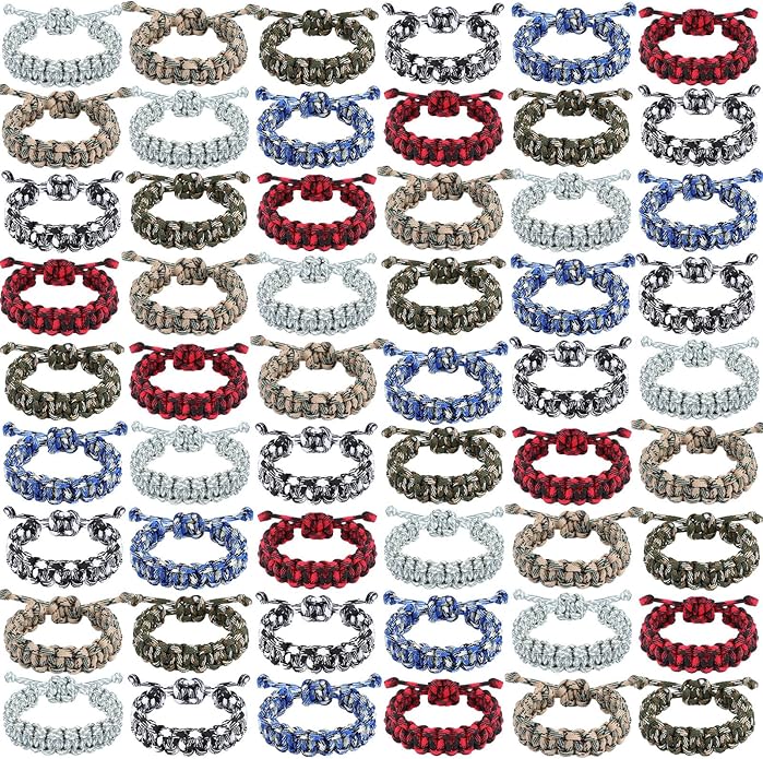 Inbagi 50 Pcs Adjustable Paracord Bracelets Bulk Survival Paracord Survivor Wristband Survival Emergency Tactical Friendship Braided Bracelet for Women Men Camping Climbing Theme Party Favor, 6 Colors