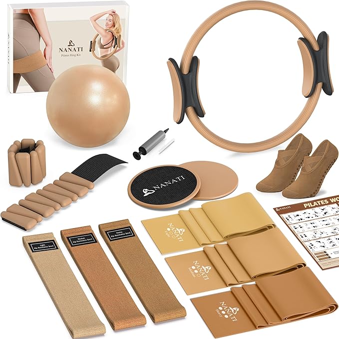 NANATI Pilates Kit, Home Pilates Workout Kit for Women, Pilates Equipment with 14.5" Pilates Ring and Ball, Resistance Bands, Ankle Weights, Sliders & Grip Socks for Home Workouts