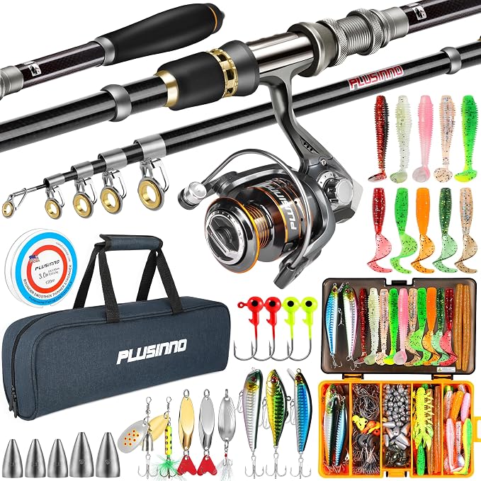 PLUSINNO Fishing Rod and Reel Combo Pole Gear Kit Telescopic Beginner | Portable All-in-One Fishing Equipment, with Freshwater Bass Trout Lures Kit Floating Net, with Carrying Case, Gifts for Men
