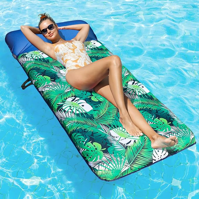 FindUWill Oversized Pool Float Lounge, 72" X 37" Extra Large Fabric-Covered Pool Floats for Adults, Inflatable Contour Lounger with Headrest Ultra-Comfort Cooling Pool Raft (XL, Monstera)