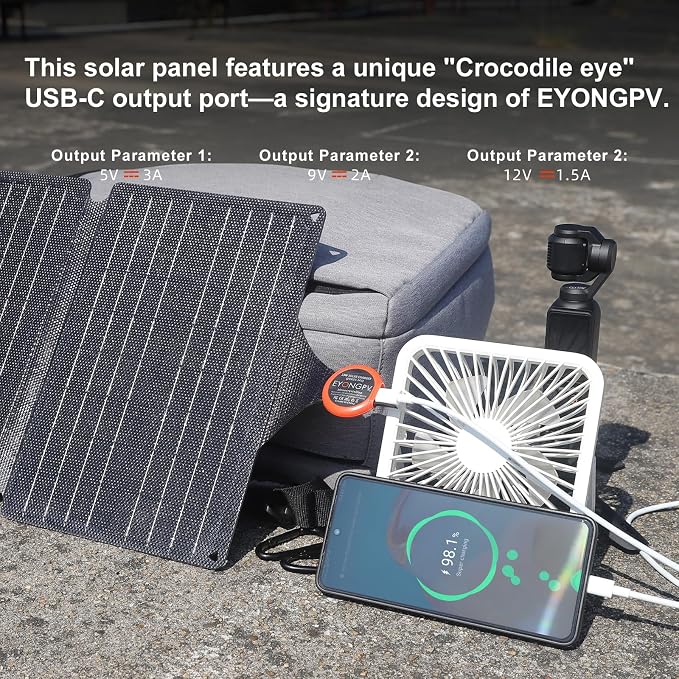 EYONGPV 30W Portable Foldable Solar Panel & Solar Charger with Croc-Eye USB-C PD Fast Charging Output, IP67 Waterproof Compact Solar Charger for Phones, Power Banks, Camping, Hiking, Backpacking