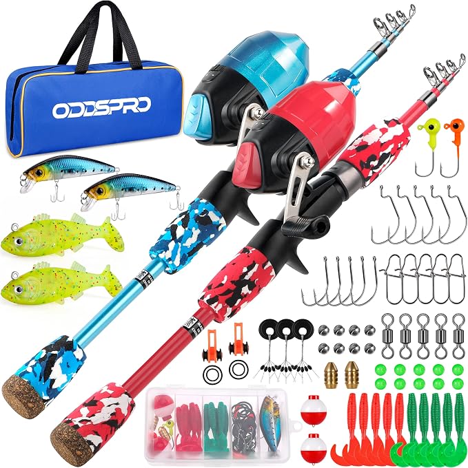 ODDSPRO Kids Fishing Pole - Portable Telescopic Kids Fishing Rod and Reel Combo Kit - with Spincast Fishing Reel Tackle Box for Girls, Youth