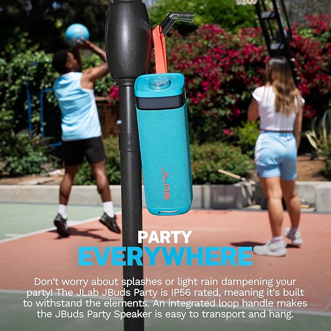 JLab, JBuds Party, Portable Bluetooth Speaker, Waterproof Outdoor Speaker, RGB Lighting, Multi-Speaker Connect, Cyan