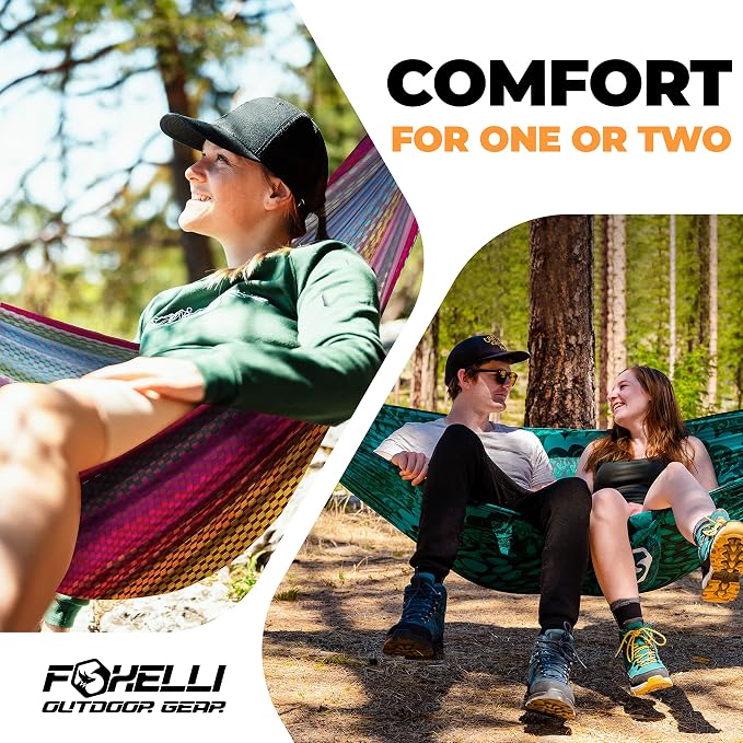 Foxelli Camping Hammock – Ultralight Hammock for Backpacking, Hiking, Festivals, Travel - Easy Setup with Tree-Friendly Ropes & Steel Carabiners, Heavy Duty Parachute Nylon
