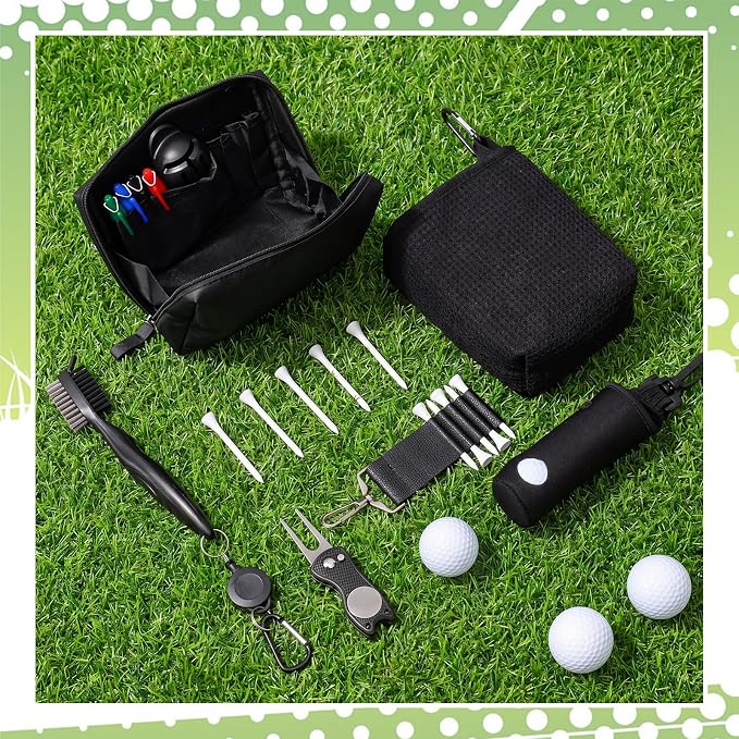 Duraaamo 21 Pcs Golf Accessories Kit Include Double Layer Cleaning Pouch Golf Ball Bag Storage Bag Tee Holder Divot Tool Cleaner Brush 10 Tees 4 Markers Alignment Tool for Dad Men Women Gifts