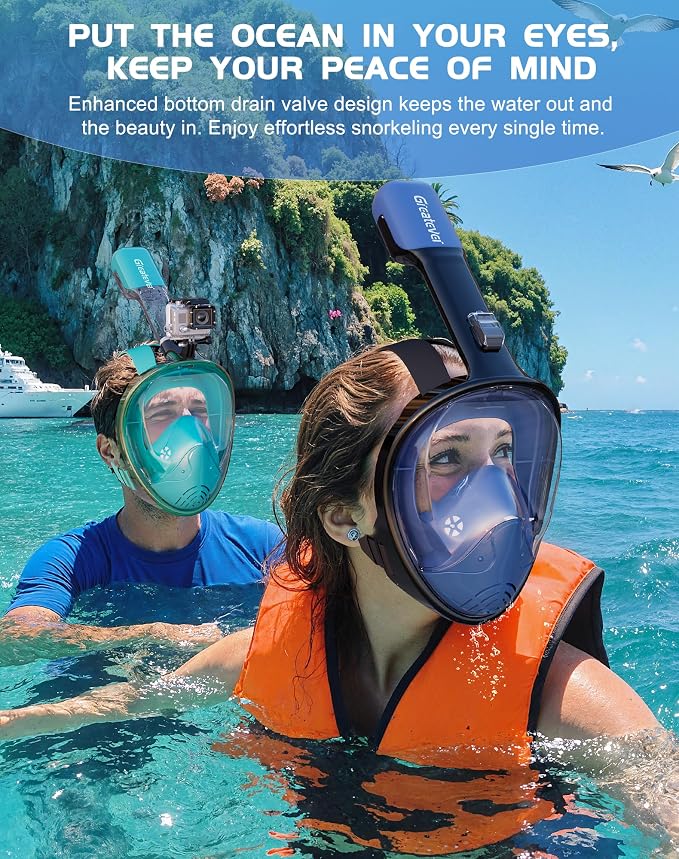 Greatever Full Face Snorkel Mask, Snorkeling Gear for Adults with Latest Dry Top Breathing System and Detachable Camera Mount, Foldable Snorkel Set for Family Snorkeling Trips, Anti-Fog & Anti-Leak