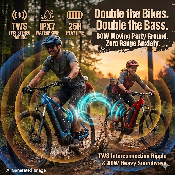Bass Boosted Bluetooth Bike Speaker, IPX7 Waterproof | 30W RMS (40W Peak) Portable Wireless Outdoor Audio, 25H Playtime, LED Lights, TWS Pairing for Pool, Shower, Gifts (Black)