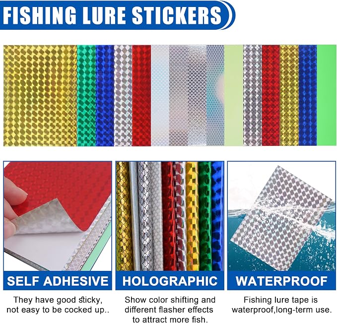 Fishing Lure Tape Stickers,15/30pcs Reflective Fish Scales Lures Bait Sticker Holographic Adhesive Film Flash Lure Tape for DIY Fishing Lures Making Accessories Crafts Tool