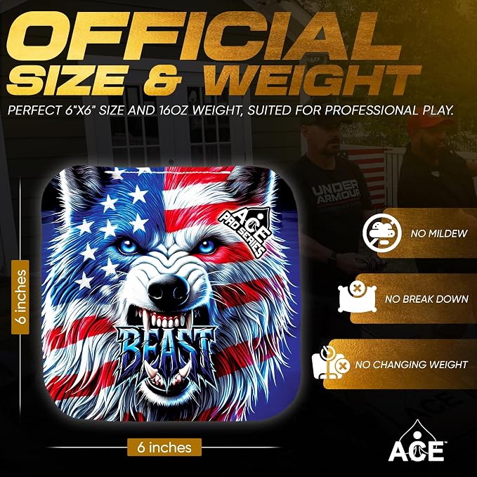 CornholeAce PRO Beast Carpet Cornhole Bags (Set of 4) | Herringbone Fabric, Waterproof, Plastic Resin Filled, Dual Sided, Professional, Regulation Size, 6x6, 16oz, Made in USA