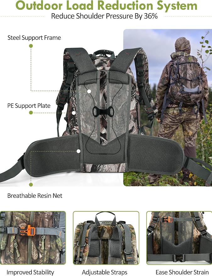Camo Hunting Backpack for Men, 35L Durable Hunting Pack, 600D Daypack with Rain Cover, Interal Frame Support