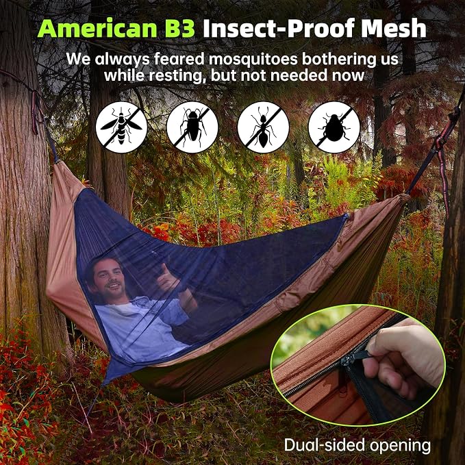 Camping Hammock with Mosquito Net – Portable Parachute Nylon Hammock Tent with Tree Straps, Camp Rope & Stake - for Hiking, Backpacking, Travel, Backyard, Beach – Holds Up to 500lbs (Orange)