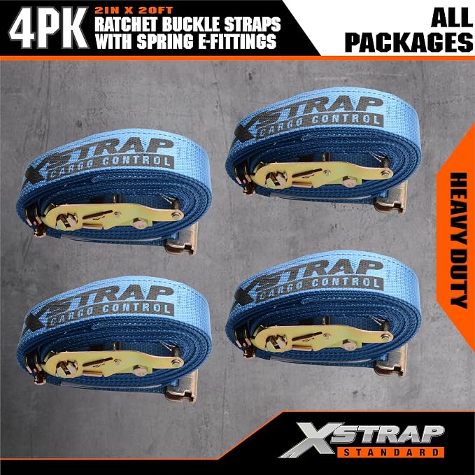 XSTRAP STANDARD 4-Pack 2" x 20' E-Track Ratchet Tie Down Straps 4,400 lbs Break Strength Heavy Duty Cargo Securement for Trailers, Trucks, Vans & Motorcycles with Spring Fittings (Blue)