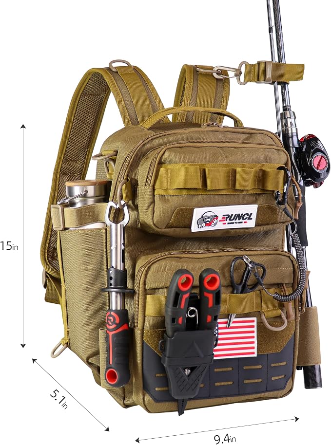 RUNCL Fishing Tackle Backpack, Lightweight Portable Gear Bag, Soft & Comfortable All Day Carry Design, Large Capacity Multi-Pocket Organizer Storage for Bass Fishing, Kayak, Bank & Shore Anglers