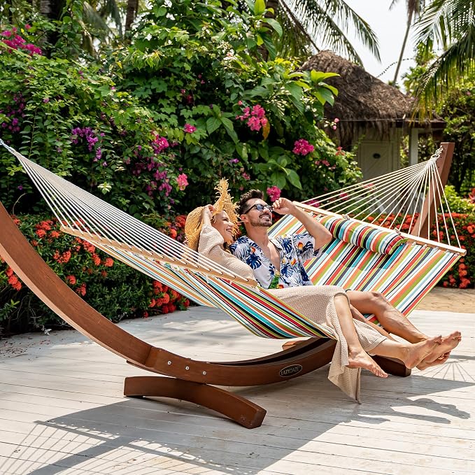 Lazy Daze Hammocks 12 FT Sunbrella Fabric Hammock Non-Fading with Spreader Bars and Free Pillow Fits for 2 Persons, All Weather and Fade Resistant for Patio Yard, 450 lbs Capacity, Carousel Confetti