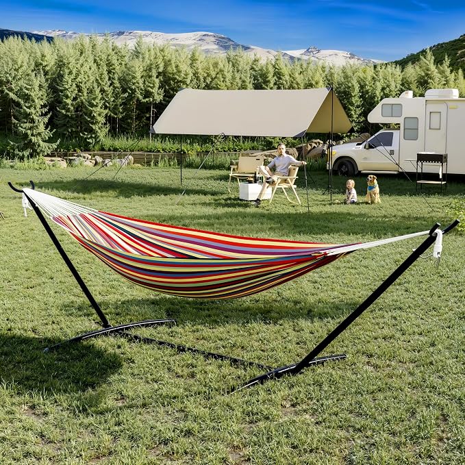 GarveeLife Instant-Setup 2-Person Hammock with Reinforced Steel Frame – Portable Outdoor Lounger for Garden, Camping & Beach (450 LB Capacity + Quick-Fold Carry Bag),Yellow Rainbow Stripe