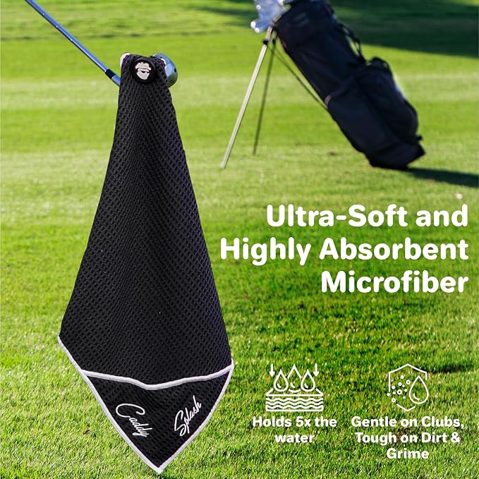 Caddy Splash Pocket Mag Towel – Magnetic Microfiber Golf Towel with Ball Pocket, Ultra-Absorbent & Durable, Strong Magnet & Carabiner for Easy Bag Attachment – The Ultimate Golf Towel-Black/White