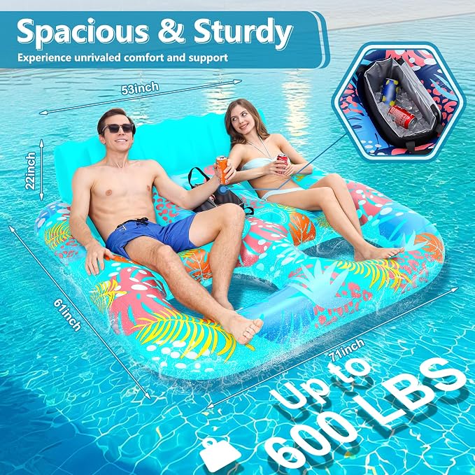 2-Person Inflatable Pool Floats Adult Heavy Duty, 71" x 61" Pool Lounger Float with Cup Holders & Backrest & Removable Insulated Cooler, Thickened Swimming Raft for Pool Party, Lake, Beach, River
