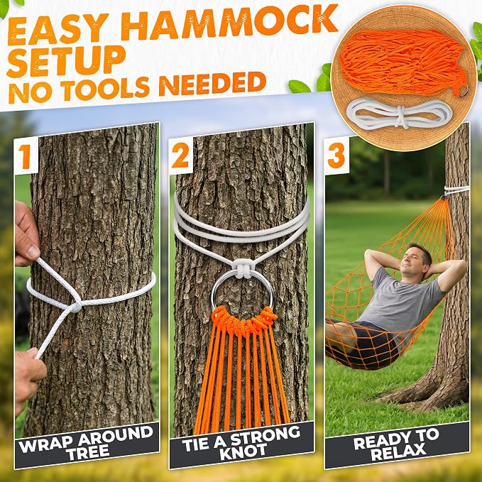Mesh Hammock - Loop & Lounge Between Two Trees, Rope Hammocks for Outside Camping - No Stand Needed, 220 lb Capacity, Lightweight 13 oz Nylon Net Bed for Backyard Garden Patio Beach Travel, Orange