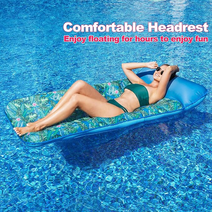 FindUWill Oversized Pool Float Lounge, 72" X 37" Extra Large Fabric-Covered Pool Floats for Adults, Inflatable Contour Lounger with Headrest Ultra-Comfort Cooling Pool Raft (XL, Monstera)