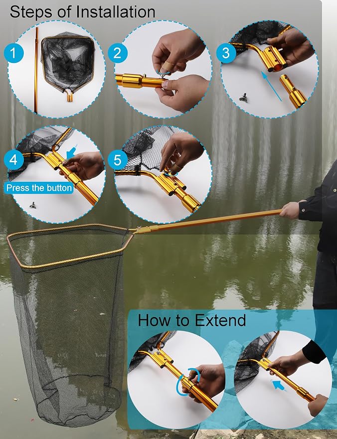 Extra Large Saltwater Fishing Net - 70.8"-105" Heavy Duty Telescopic Aluminum Handle, 37" Deep Snag-Free Rubber Mesh for Big Catfish Bass, Kayak Fishing Net with Carrying Bag