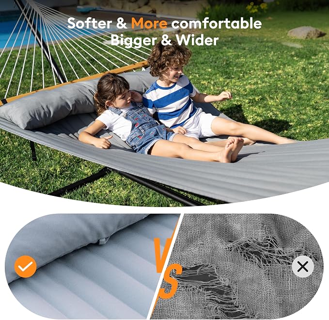 Everyfun Double Hammock with Spreader Bar,Soft Pillow,Max Load 500lbs,Portable Hammock for Outdoor,Camping,and Backyard,Dark Gray