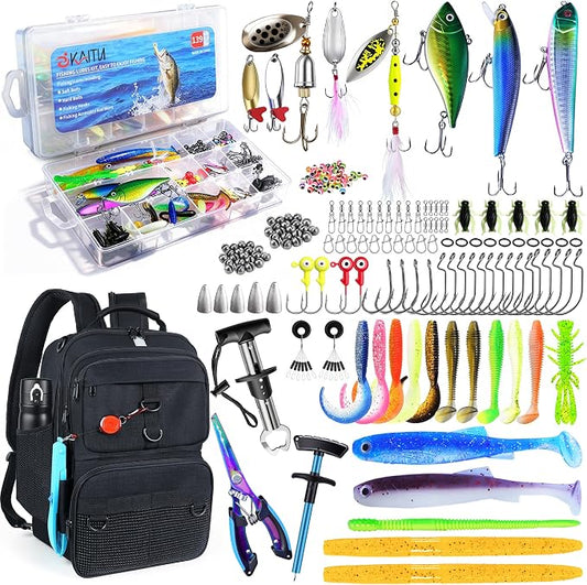 Fishing Backpack with Tackle Boxes and Rod Holder, 24L Fishing Sling Bag with Fishing Lures Kit, Fishing Gear Bag Gifts for Men Women - Black Backpack
