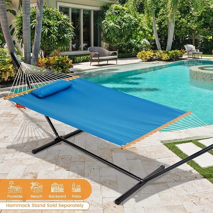 Lazy Daze Hammocks 12 FT Sunbrella Fabric Hammock non-fading with Spreader Bars and Free Pillow Fits for 2 Persons, All Weather and Fade Resistant for Patio Yard, 450 lbs Capacity, Canvas Pacific Blue